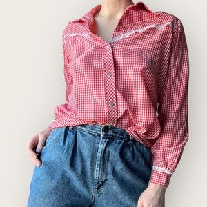 Vintage Red Checkered Top with Lace Small